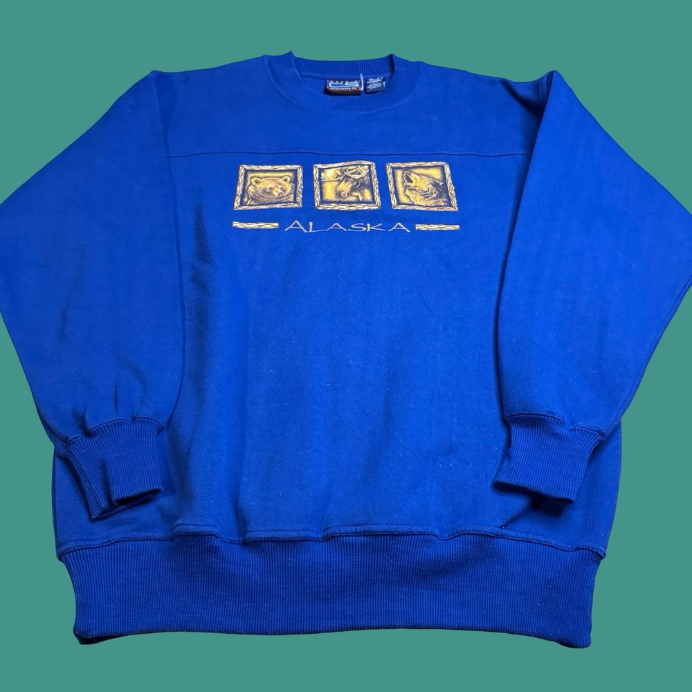 Vintage Alaska Wildlife Crewneck Sweatshirt Large Blue Nature Bear Wolf Moose